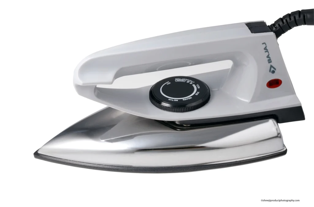 Bajaj dry iron on white background – product photography by Shreeji, Nagpur