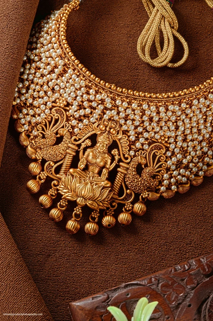 Gold Lakshmi motif with pearl necklace – product photography by Shreeji, Nagpur