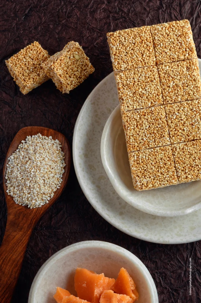 Rajgira Chikki in white plates – product photography by Shreeji, Nagpur