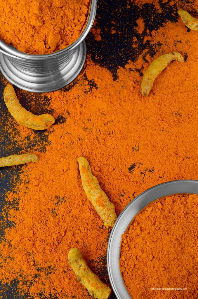 Turmeric Power and whole dried turmeric roots – product photography by Shreeji, Nagpur